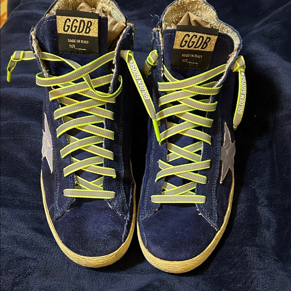 Golden Goose Navy Sneakers with Lime Laces